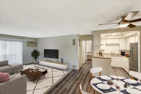 an open living room and kitchen with a dining table and a couch